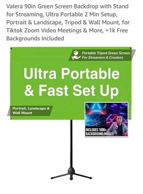 Telón de fondo de pantalla verde Valera 90 pulgadas con soporte para transmisión, ultra portátil 2 min Foto 1 de 4
