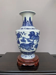 Blue and White Baluster Vase with Foo Dog and Auspicious Motif Chinese Porcelain - Picture 1 of 7