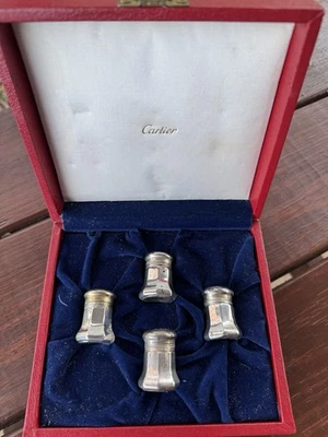 Juego de 4 saleros y pimenteros individuales Cartier vintage de plata de ley Foto 1 de 4