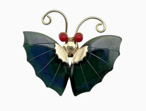 Vintage Jade Flügel Schmetterling grün Anstecknadel Brosche Anhänger polierter Stein rote Augen - Bild 1 von 4