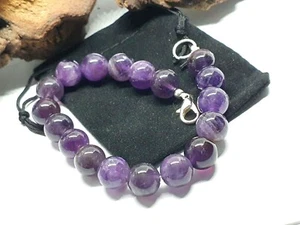 Amethyst Bracelet Natural 10mm Beaded Gemstone Clasped 8'' Healing Stone & Bag - Picture 1 of 12