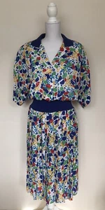 Vintage 80s BHS short sleeve pleated elasticated waist multicolour dress 10 UK - Picture 1 of 7