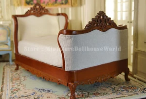 1:12 Scale Luxury Hand Carved Miniature Bed with Upholstery  Dollhouse Furniture - Picture 1 of 6