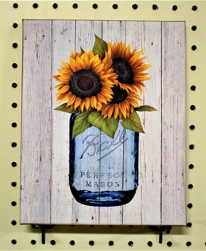 Sunflowers Mason Jar Primitive Rustic Farmhouse Print on 8 X 10 Stretched Canvas - Image 1 of 1