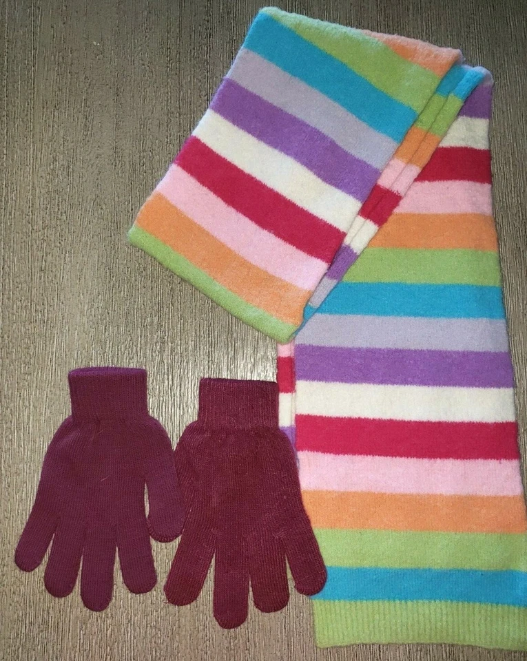女孩彩虹色条纹冬季围巾 54 英寸长纯色紫色手套弹力 — 第 1/1 张图片
