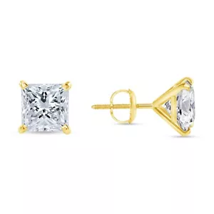 6 Ct Princess Cut Earrings Studs Real Solid 14K Yellow Gold Screw Back Martini - Picture 1 of 3