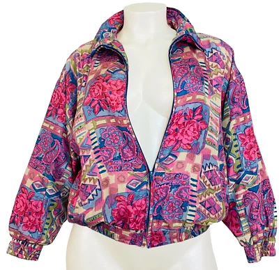 Винтажный 1990-х розовый цветочный шелковая куртка L большого размера молнии пэчворк пейсли фиолетовый - Изображение 1 из 4