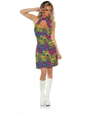 Women's 70s Disco Blacklight Reactive Glow Dress Costume NEW Size X-Small - Image 1 of 2