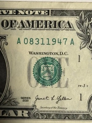 Birthday Note Dollar Bill August 31 1947 08/31/1947 Fancy Serial Number $1 ¥ - Image 1 of 4