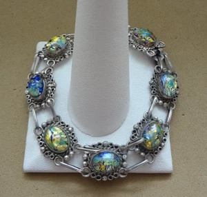 VINTAGE MEXICO STERLING 925 MULTI-CABOCHON DICHROIC GLASS LINK BRACELET - Picture 1 of 6