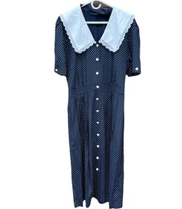 Vintage Damen Kleid marineblau gepunktet Passform/ausgestellt spitz Spitzenkragen bescheiden Gr. 16 - Bild 1 von 11