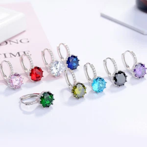925 Sterling Silver Hoop Huggie Earrings Round Shape Zircon Earrings 7 Colour - Picture 1 of 16