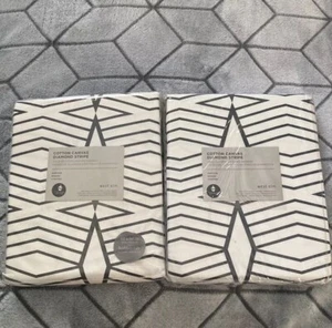 NEW WEST ELM COTTON CANVAS CURTAIN Lot OF 2 Diamond Stripe 48 x 96” DRAPES Set - Picture 1 of 4