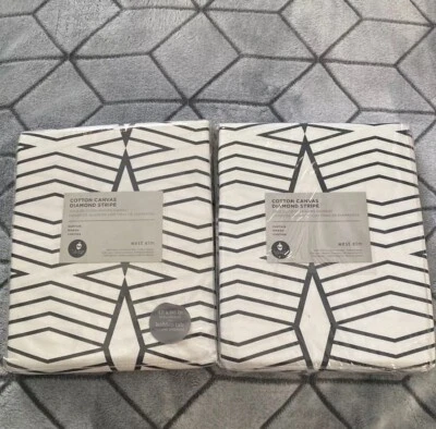 NEW WEST ELM COTTON CANVAS CURTAIN Lot OF 2 Diamond Stripe 48 x 96” DRAPES Set - Image 1 of 4