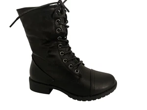 Forever Link Womens Round Toe Military Lace up Knit Ankle Cuff Low Heel Combat B - Picture 1 of 8
