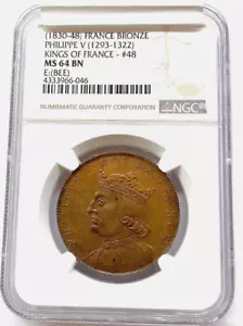 (1830-48) France Bronze Philippe V 1293-1322 Kings of France #48 MS64 NGC - Foto 1 di 3