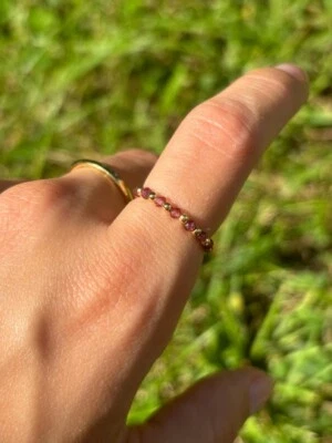 Dainty Pink Tourmaline Faceted Round Gemstone Beads Adjustable Rings For Girls - Image 1 of 4