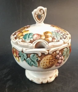 Lefton Keramik Standfuß Zuckerdose um 1958 Della Robbia mit Deckel 5" Durchmesser OBO - Bild 1 von 7