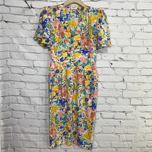 Vintage Nora Noh 100% Silk Floral Midi Dress Size 12 Petite Flutter Sleeve 80s - Picture 1 of 18