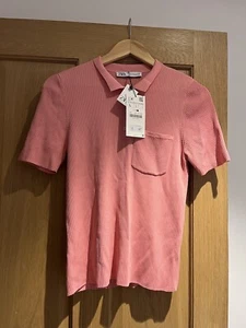 Zara Ladies Pink Ribbed Polo Top Short Sleeve Size Large UK 12 SlimFit NEW - Picture 1 of 9