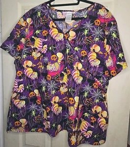 Disney Cheshire Cat Scrub Top Women Size 3XL Purple Orange Black - Picture 1 of 7