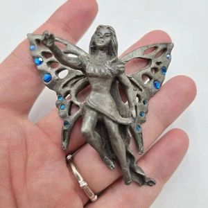 Vintage Pewter Large Fairy Pixie Rhinestone Fairy Pendant Renaissance Faire - Picture 1 of 5