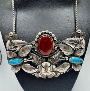 Joaquin Beltran Castaneda Sterling Silver Carnelian & Turquoise Native Necklace - Picture 1 of 5