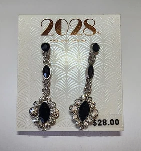 Vintage Inspired Black Crystal Drop Earrings with Rhinestone Accents and Silver - Picture 1 of 3