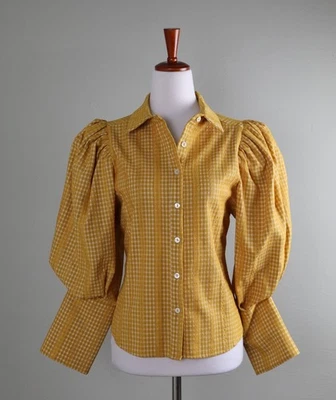 GRACIA 格子格子花边气球戏剧袖衬衫上衣,尺寸 M — 第 1/4 张图片