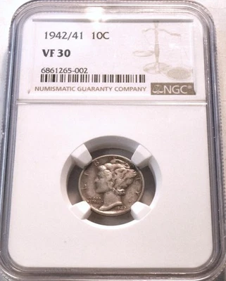1942/1 10C NGC VF 30 Mercury Silver Dime, 42 over 1, Scarce Error Type Looks XF - Image 1 of 4