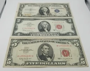 3 Note Lot $1 (1935D Silver Cert), $2 (1963A Red Seal) & $5 (1963 Red Seal) #792 - Picture 1 of 20
