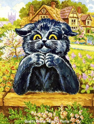 GOODS GALORE Black Cat in Country Garden 8.5x11" Photo Print Louis Wain Animal Feline Art