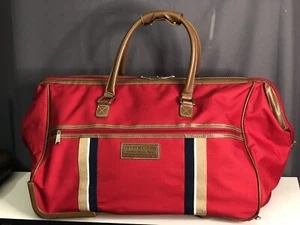 TOMMY HILFIGER Rolling Duffle Carry On Bag Red Travel Tote - Picture 1 of 12