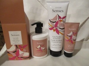AVON Senses- Cozy Vanilla & Coconut -Hand Soap 10.1 oz, Body Lotion 8 oz, Hand C - Picture 1 of 17