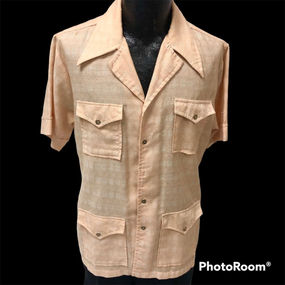 Vtg 70's Elite Textured Peach DISCO Cabana CUBAN CIGAR Lounge Safari MoD Shirt M - Image 1 of 4