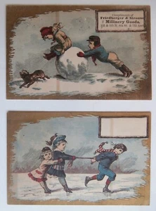 19th C Victorian Christmas Trade Card (2) Kids Dog Giant Snowball Ice Skating !! - Picture 1 of 2