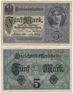 1917 DEUTSCHES REICH knusprig WELTKRIEG I "FÜNF" oder 5 MARK Note siebenstellige SERIE - Bild 1 von 3
