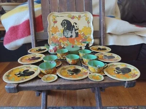 Big VINTAGE Fall Tin Childs Teaset 27 Piece Autumn Skunk Leaves Acorns Ohio Art - Picture 1 of 24