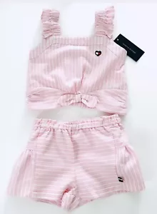 NWT, Girls Tommy Hilfiger Pink/White Seersucker Set with Top + Shorts. Size 5 - Picture 1 of 3