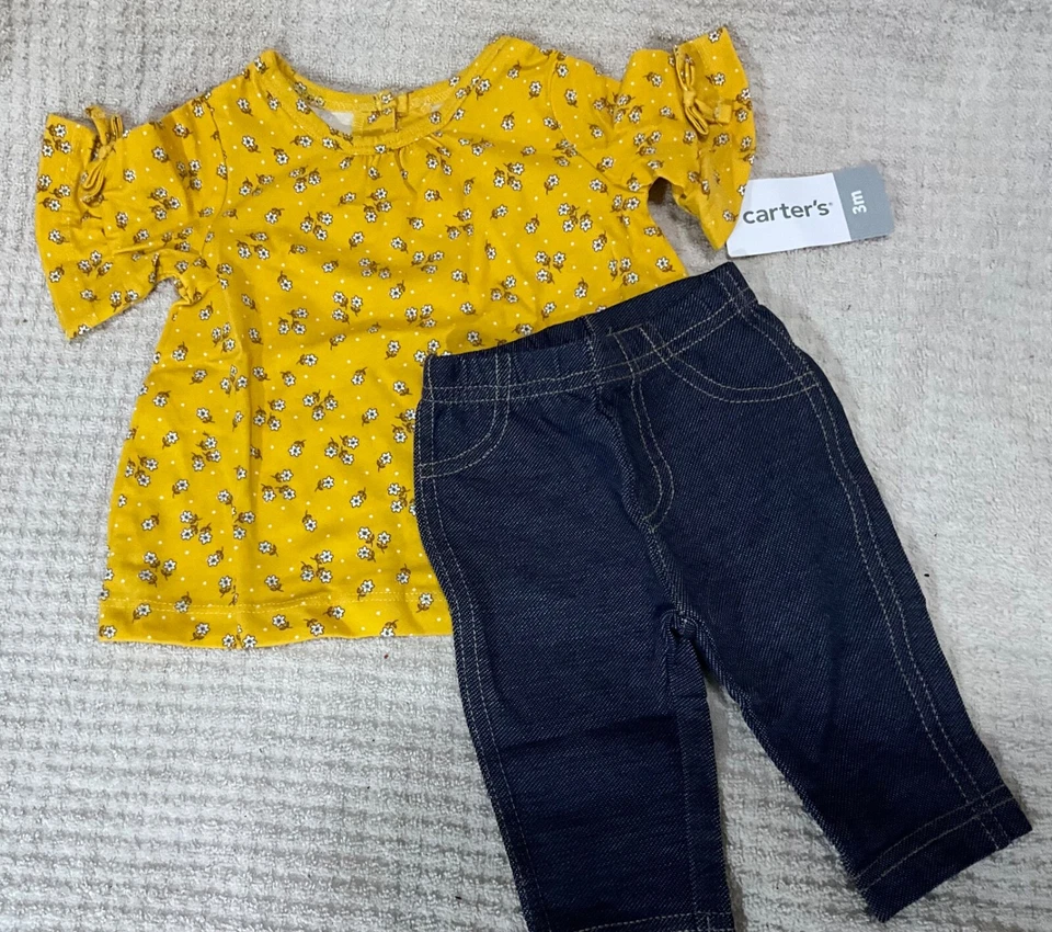 全新带标签 Carter’s 黄色花卉上衣和海军蓝牛仔裤 2 件套尺寸 3 个月 — 第 1/1 张图片