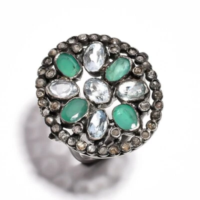 Eleganter Smaragd Aquamarin Edelstein 925 Sterling Silber Pave Diamant Ring - Bild 1 von 4