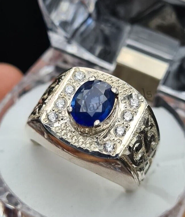 Natural Blue Sapphire Gemstone With 925 Silver Plated Ring for Men's ALL Size - Image 1 of 4