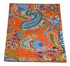 Indian Orange Paisley kantha Quilt Bedspread Cotton Coverlet Bohemian Throw