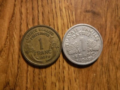 FRANCE 1 FRANCS 1937 & 1942 TWO COINS (350) - Image 1 of 2
