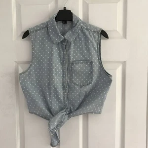 FOREVER 21 BLUE COTTON POLKA DOT PATTERN TIE WAIST BLOUSE SIZE L - Picture 1 of 7