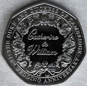 GIBRALTAR_50p Pence 2021_10th Wedding Anniv. Catherine & William_unc_lose - Picture 1 of 2