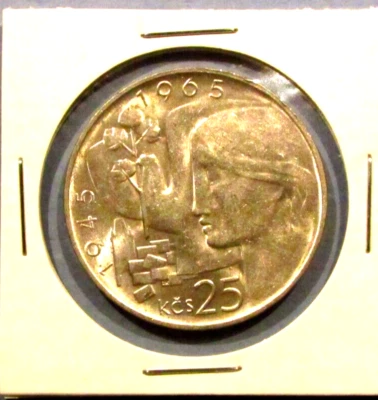 Czechoslovakia 1965 25 Korun Silver BU Coin End WWII World War Two Slovakia CSSR - Image 1 of 2