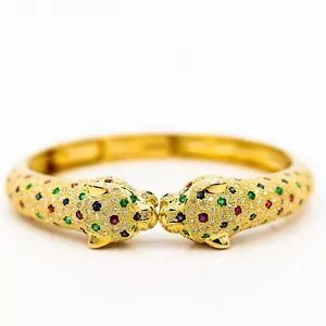 Armreif Leoparden Kopf 750/18K Gelbgold Diamanten Smaragd Rubin Saphir - Bild 1 von 2