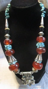 Bead Necklace Silvertone Metal Faux Onyx Faux Amber Faux Turquoise Retro - Picture 1 of 17