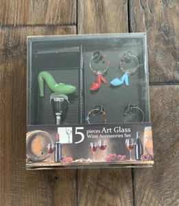 NEW 5 Piece Art Colorful Wine Glass Accessories Set - Wine Charms & Cork Heels - Picture 1 of 2